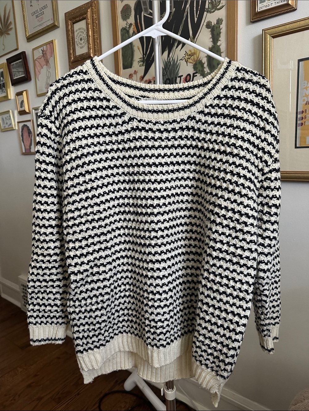 Cozy Casual Black and Cream Striped Textured Crew Sweater